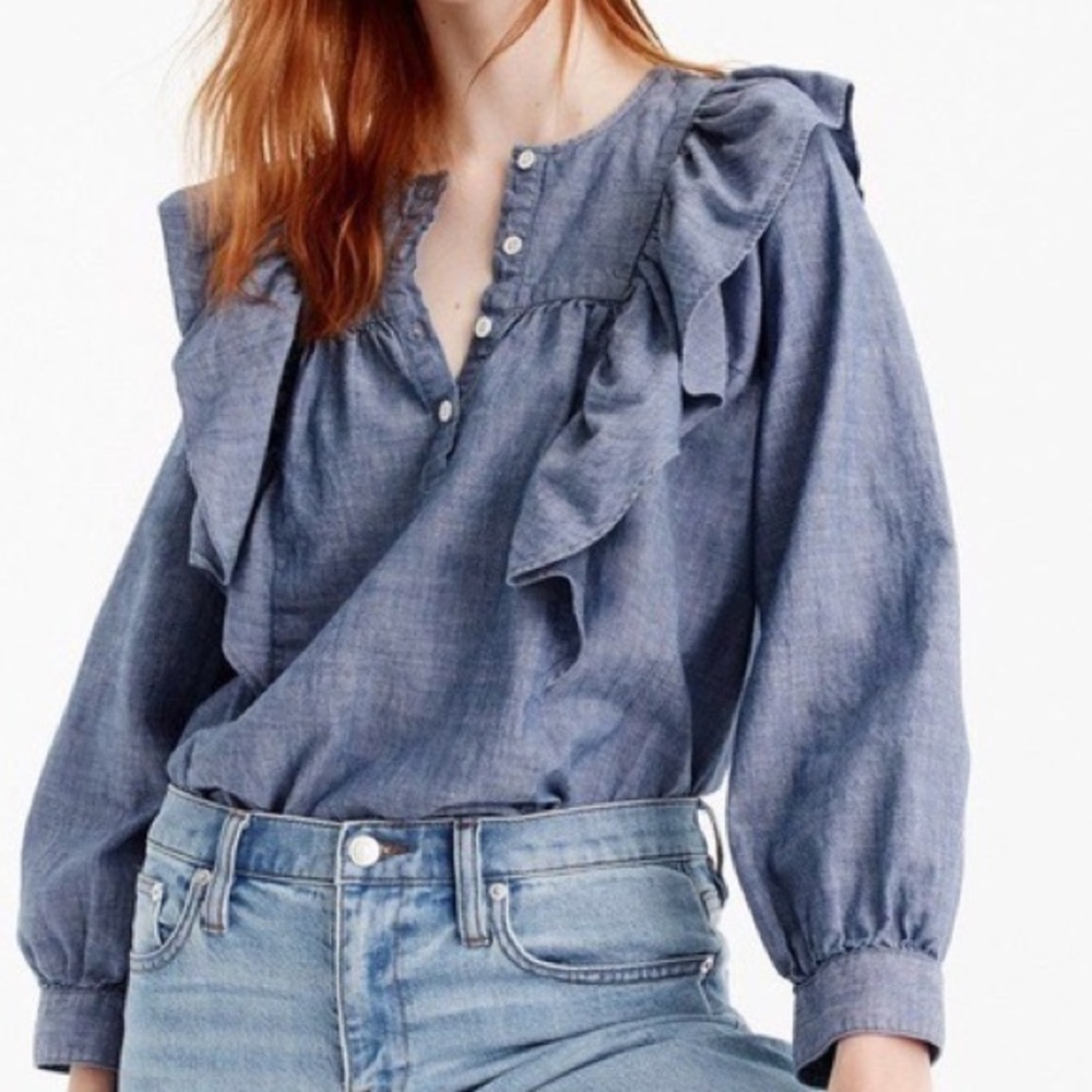 NWT J. Crew Cotton Chambray Ruffle Top 12